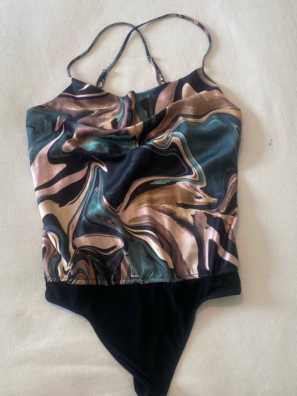 Marble-Print bodysuit in Black, Teal & Rose